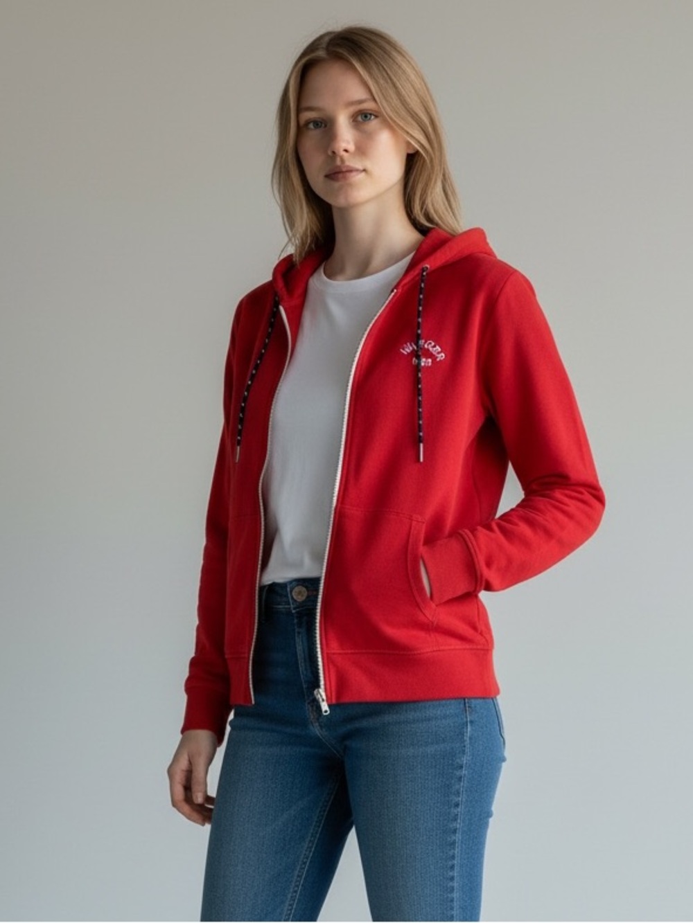 Tommy Hilfiger Medium Red Full Zip Hoodie Drawstring Accents Cool Sleeve Cuffs